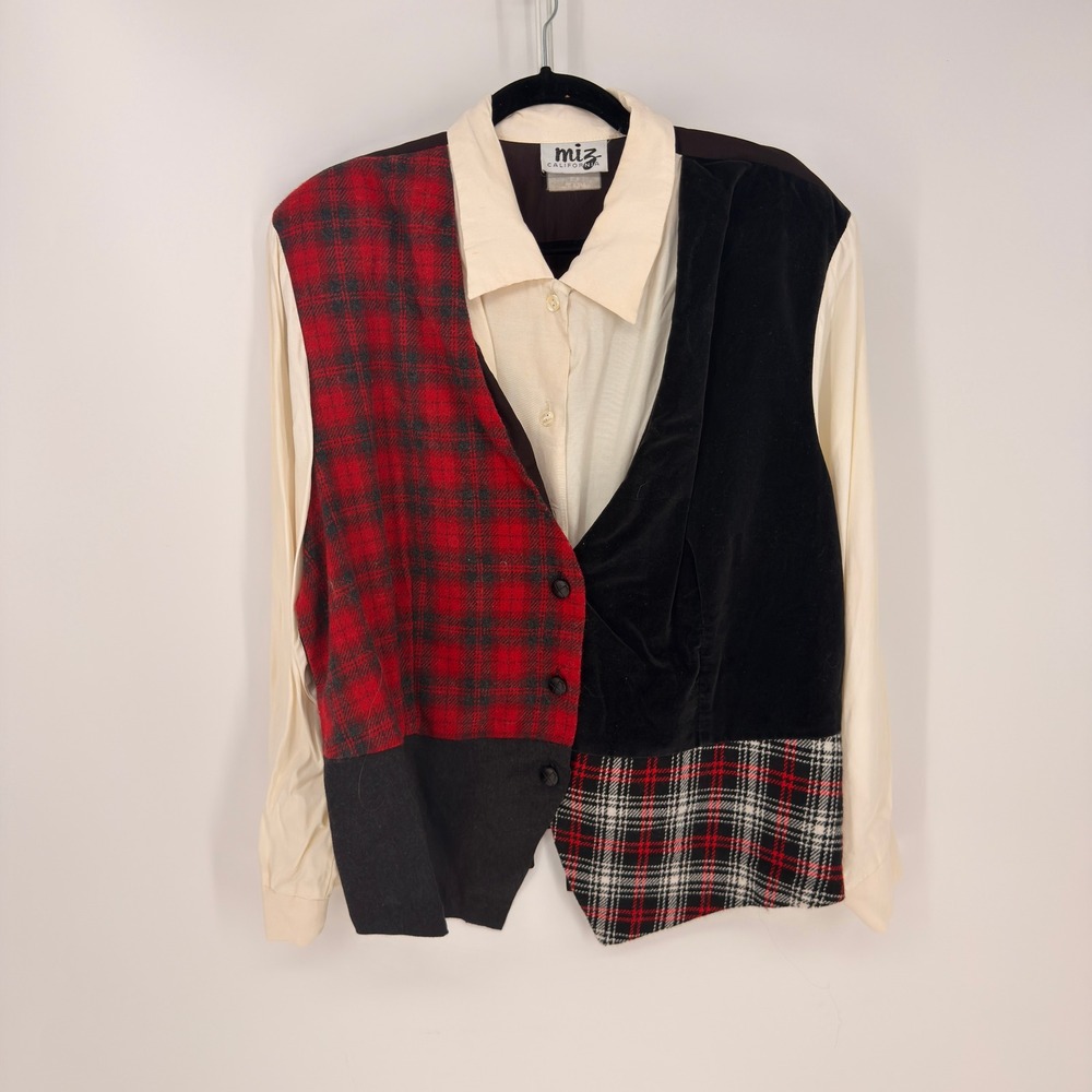 Miz California Vest Top Womens 2X Red Black Plaid Velvet Layered 90s Art Teacher